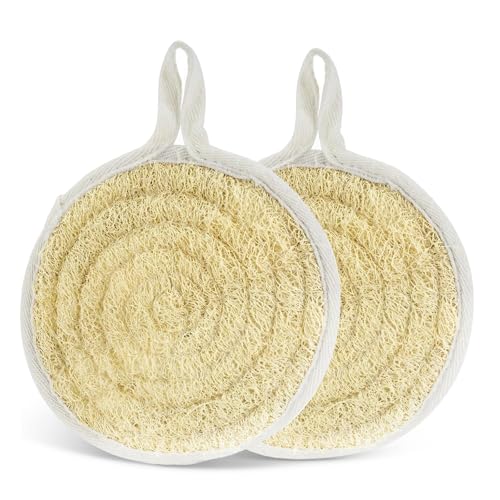 FRTIM Esponja de lufa natural redonda para ducha, exfoliante orgánico para baño, esponja de lufa corporal para hombres, mujeres, adultos, espalda, cara, piel, spa, cuidado - 2 piezas