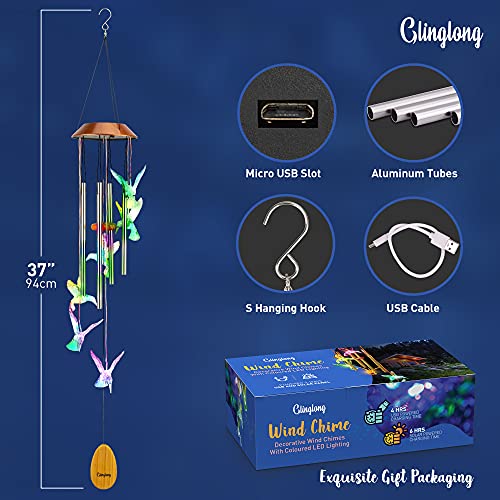 Glinglong Wind Chimes Hummingbird Chime - Valentines Day Gift, Mother & Father's Day Gift, Outdoor Garden Decor, Windchimes Memory Bells, Holiday/Christmas/Housewarming Present - Solar & Usb #TOP2
