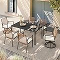 LAUSAINT HOME 7 Pieces Patio Dining Set, Outdoor Furniture Set of 6 Wicker Chairs (2 of Them Swivel) with Soft Cushion and Iron Slats Table Top with Umbrella Hole, Conversation Set for Backyard