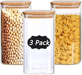 1500ml Glass Jars with Bamboo Lids, Clear Airtight Food Storage Container Jar with Sealing Lid, Canister Set for Pasta Flour Cereal Rice Sugar Tea Coffee Beans, Set of 3