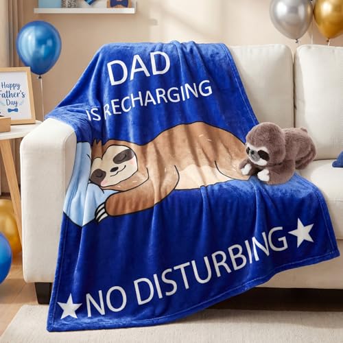 SmoothNovelty 2 Pcs Fathers Day Sloth Gifts Throw Blanket and Pillow Set 40x50 Inch Funny Sloths Flannel Blanket Stuffed Pillow Best Daddy Ever Dads Birthday Gift from Daughter Son for Couch Bed Decor