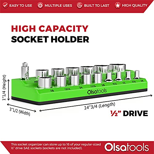 Image of Olsa Tools Magnetic Socket Organizer - 1 /2-Inch Drive SAE Socket Holder with Strong Magnets - Professional Tool Holder and Tool Organizer - Stores up to 16 Sockets - Green - Part: 1117