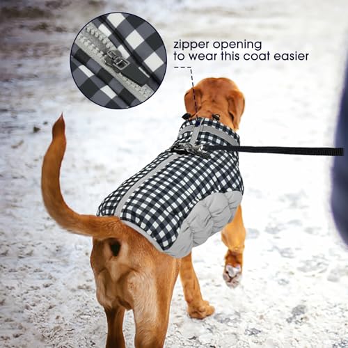 Image of Dog Coat for Large Dogs,Waterproof Dog Winter Jacket with Harness Built in Puppy Cold Weather Coats Reflective Pet Vest with Zipper Warm Fleece Dogs Snowsuit Windproof Checkerboard 3XL
