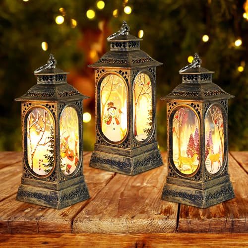 Christmas Lantern 3PCS Christmas Decorations Lights Vintage Xmas Candle LED Wind Lantern with Santa Claus Elk Snowman Pattern Decor Christmas Lanterns for Christmas Table Decoration