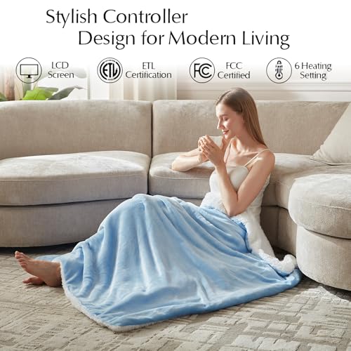 Electric Heated Blanket Throw Size, Soft and Cozy Thickened Flannel and Sherpa Electric Blanket for Bed, Automatic Safety System 6 Heating Levels & 10 Hours Auto-Off, 50"x60" Ice Blue