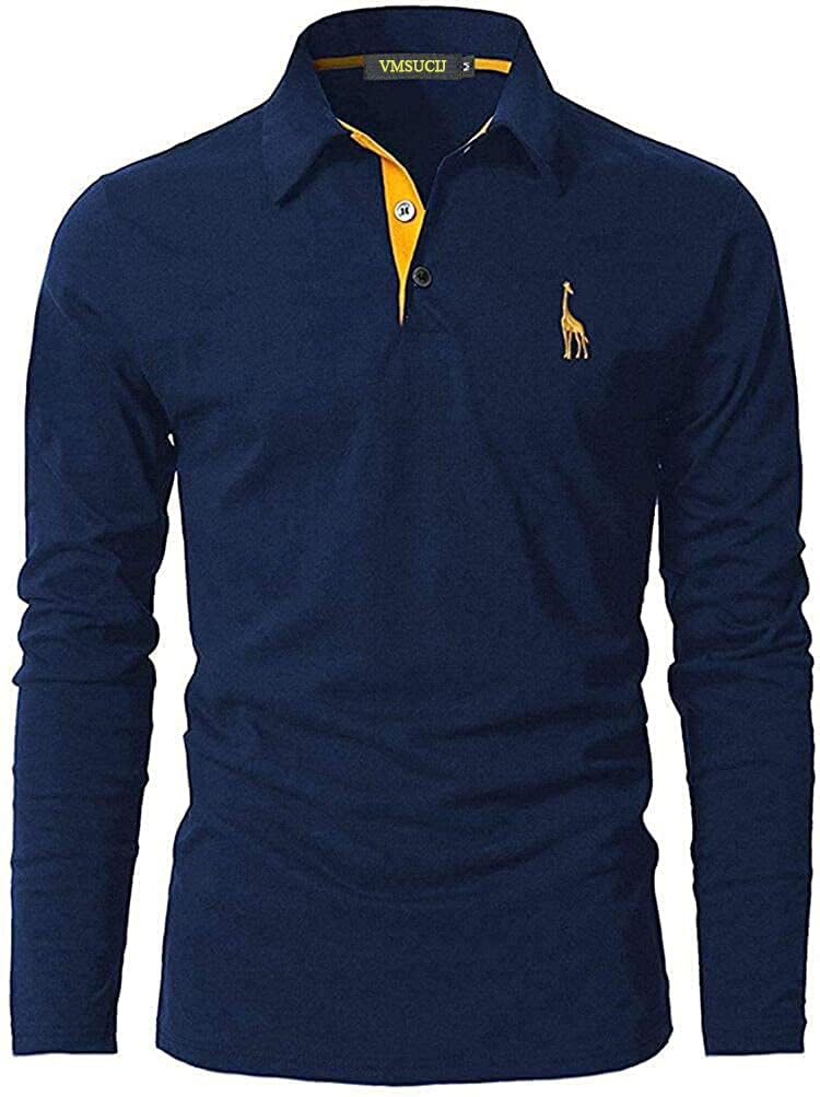 VMSUCIJ Polo Manica Lunga Uomo Maglietta con Abbottonatura Patchwork a Doppio Triangolo Elegante Cotone T-Shirt con Taschino
