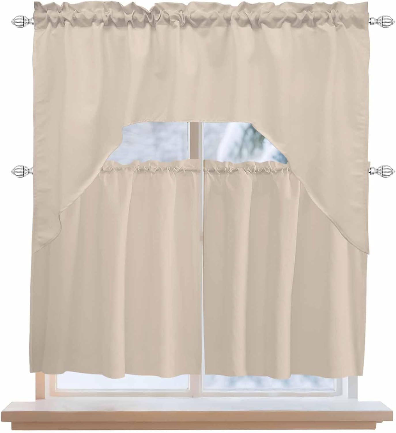 Beige Pure Color Swag Valance and Tier Curtains 36'' Length Set, Aesthetics Contemporary Modern Light Filtering Kitchen Curtains, Tier Curtain Valances for Bathroom/Living Room/Bedroom/Café
