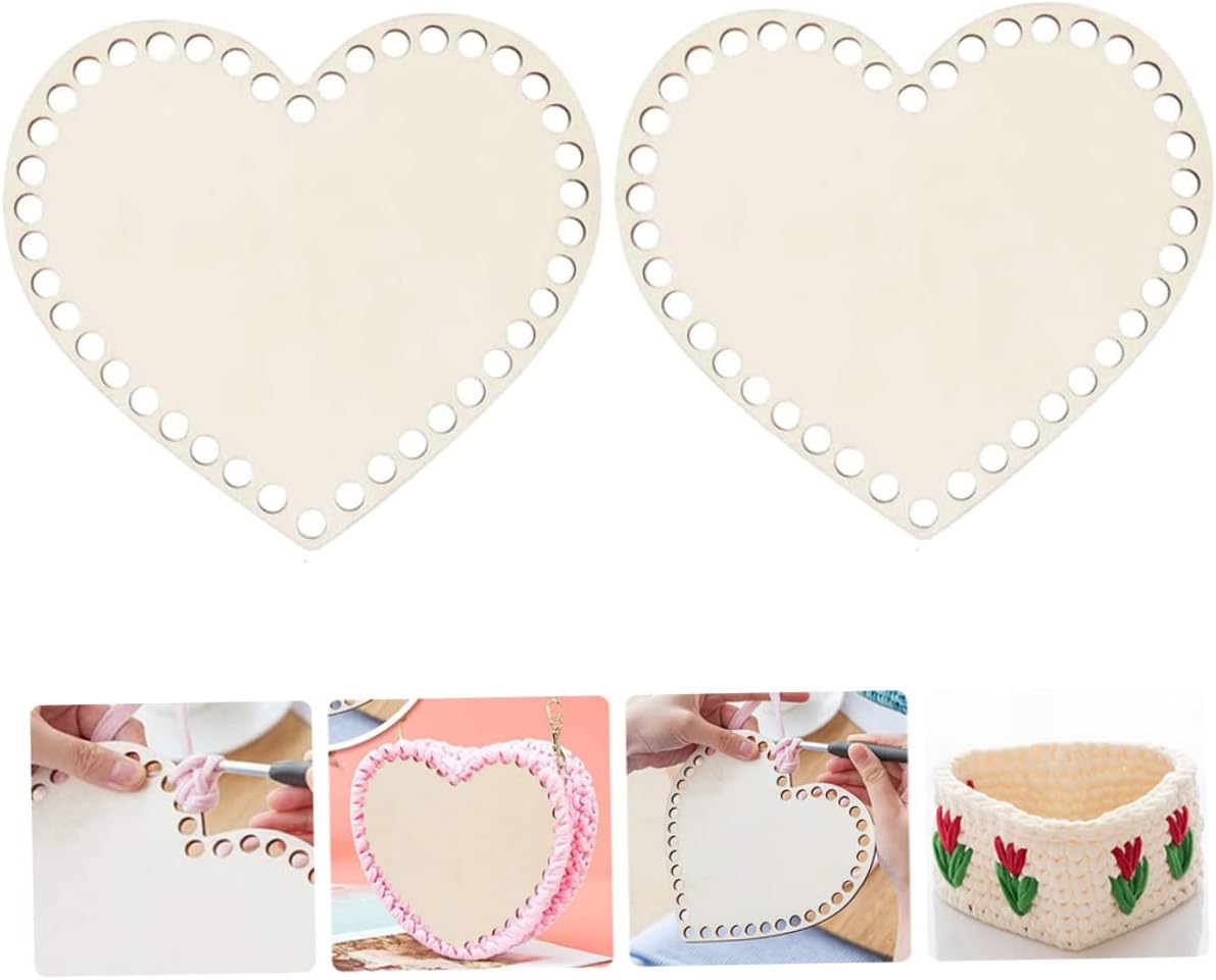 jojofuny 2pcs Heart Shape Wooden Basket Bottoms for DIY Crochet Projects Natural Wood Base for Handcrafted Bags and Weaving Supplies