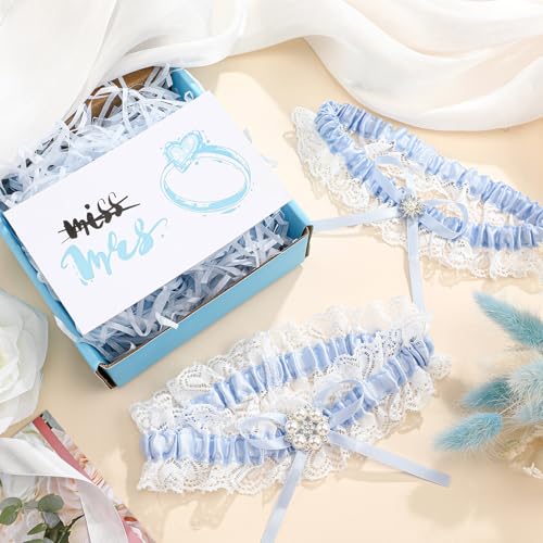 2 Pcs Blue Wedding Garters for Bride Something Blue Gift Lace Garter Belt Set for Bride Women3