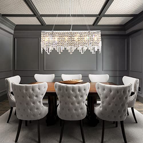 Moooni 6 Lights Modern Rectangle Crystal Chandeliers Linear Rectangular Pendant Ceiling Lighting Fixture For Dining Rooms Kitchen Island L31.5 X W8 #TOP7
