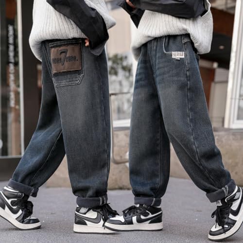 Kids Boys Baggy Cotton Jeans Y2K Elastic Waist Straight Wide Leg Loose Fit Cargo Denim Pants with Pockets2