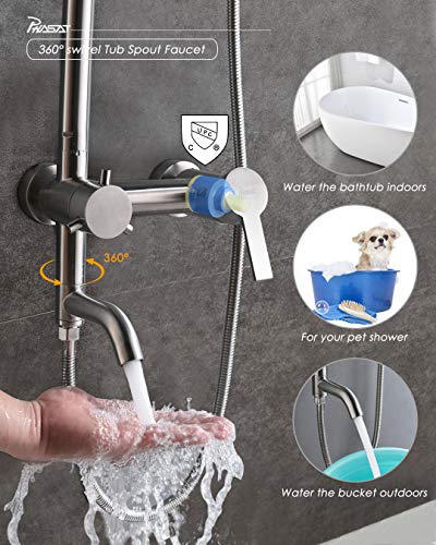 PHASAT Shower System SUS 304 Stainless Steel Bathroom Faucet Set with 8 Inch Round Rainfall Showerhead Handheld Shower Wall Mount Adjustable Shower Bar 3 Functions Brushed Nickel,CT8020 - Thumbnail 5