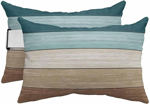 Paquete de 2 fundas de almohada para exteriores, color verde azulado, color marrón, impermeables, con banda elástica, funda de cojín lumbar con