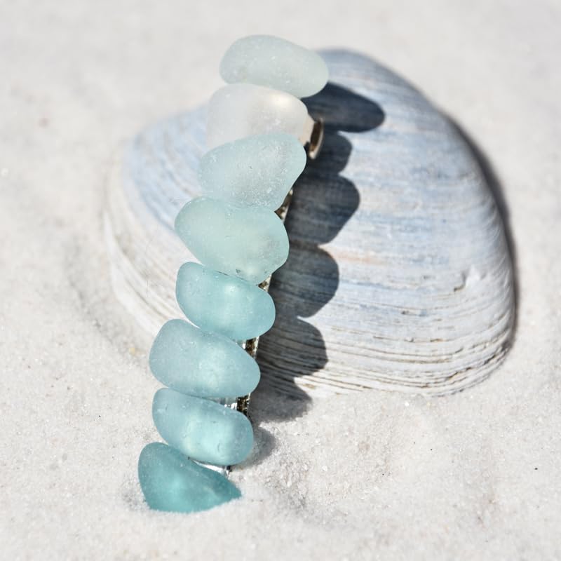 DejaVu Designs Genuine Shades of Teal and Aqua Sea Glass French Barrette Hair Clip - 60 MM