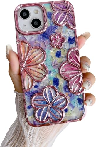 Image of mobistyle Designed for iPhone 15 Plus Cover | Electroplating Colourful Flower 3D TPU Camera Protection Back Cover Case for Women Girls (Flower Pink)