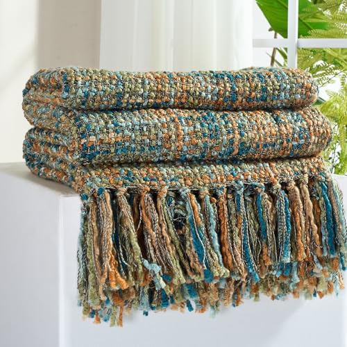 GINAMUSE Multi-Color Gold Green Cable Woven Throw Blanket for Couch 50X60 Boho Style Textured Blankets for Home Decor Super Soft Warm Cozy Chunky Blanket with Decorative Tassels for Bed