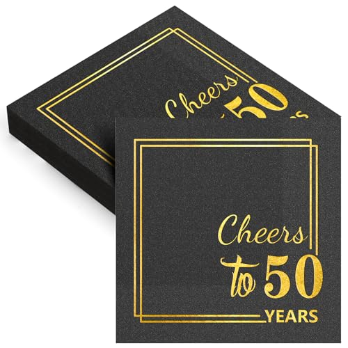 50th Birthday Cocktail Party Napkins-50PCS 13 * 13 inches Cheers to Years Disposable Paper Napkins for Birthday Wedding Anniversary Decorations Party Props Supplies Black and Gold (50th)