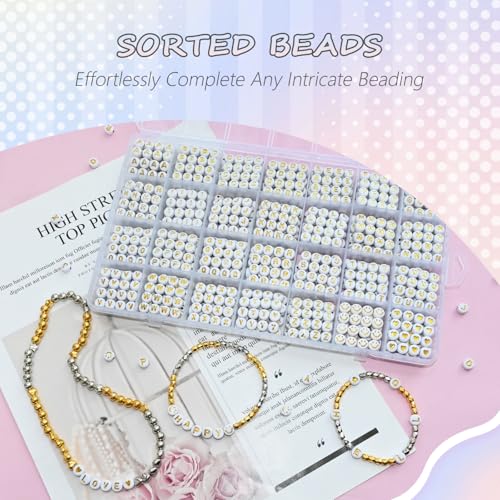 Image of Looconi 1400pcs Letter Beads Gold Alphabet A-Z and Smiley Heart Beads White Acrylic for Jewelry Making Bracelet