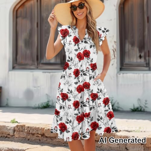 Image of Women's Casual Ruffle Sleeve Dress V Neck Pullover Dress Flowy A-Line Pleated Lightweight Dress with Pockets