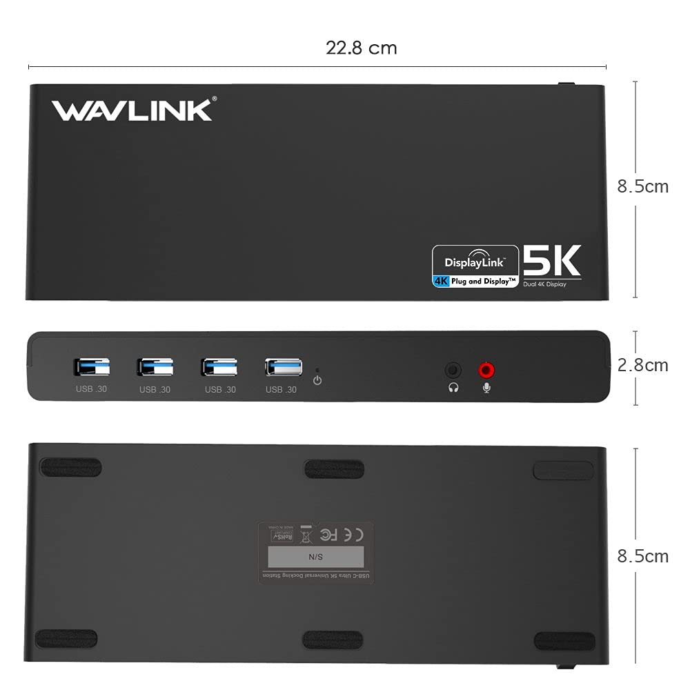 WAVLINK USB C＆3.0 Ultra 5K Docking Station HD Dual Video Multifunción Display con 2x5K DP Puertos, 2x4K HDMI Puertos, 6xUSB 3.0, Gigabit Ethernet, Audio out y Mic in, para MacBook Neo