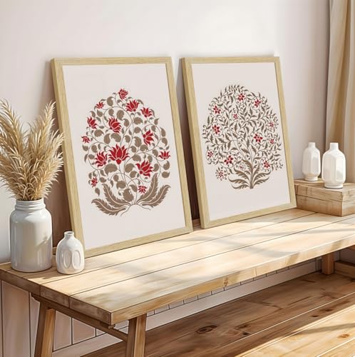 Image of ArtX Paper Madhubani Floral Paintings with Frame for Home Decor Wall Art, Wall Paintings for Living Room, Multicolor, Natural Wood Color Frames, 12.0x18.0 inch, Set of 3