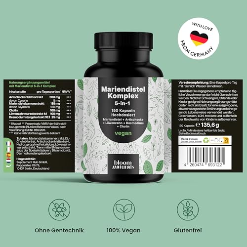Mariendistel Artischocke Löwenzahn Komplex Hochdosiert - 150 Kapseln - 5-in-1 Komplex mit Mariendistel + Artischocke + Löwenzahn + Desmodium + Cholin - Vegan Laborgeprüft - Verpackung kann variieren