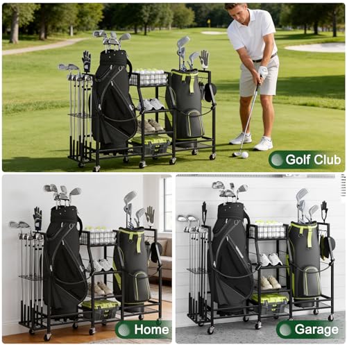 Golf-Bag-Storage-Rack-for-Garage-2-Bag-Organizer-with-Wheels-Golf-Clubs-and-Accessories-Organizer-with-Shelves-Accessory-Baskets-and-Glove-Holders