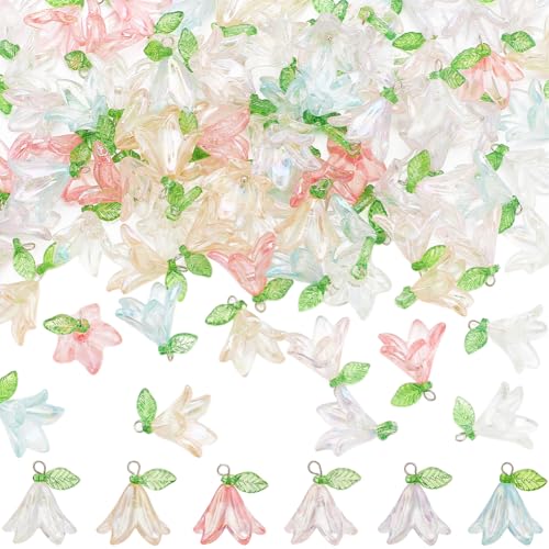 SUNNYCLUE 90Pcs Acrylic Lily Charms, Bulk Flower Leaf Transparent Plastic Floral Leaves