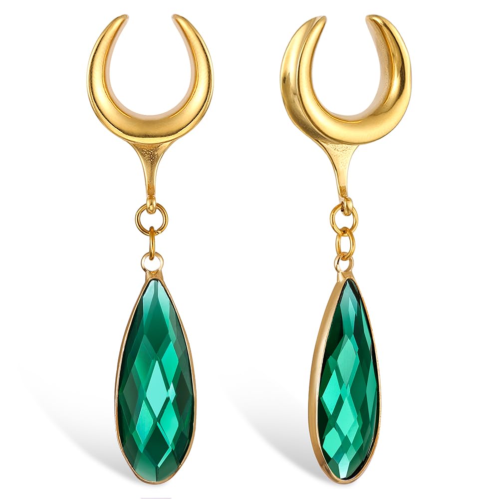 Twolobes 1 Pair Saddle Gauges Earring with Green Crystal Stone Ear Dangle Plugs Tunnels 00G 6mm-25mm (0G-1") Body Piercing Jewelry