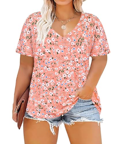 Image of TIYOMI Plus Size Tops for Women V Neck Tshirts Basic Tunic Casual Hawaii Floral Tie Dye Camo Summer Short Sleeve Tee XL-5XL