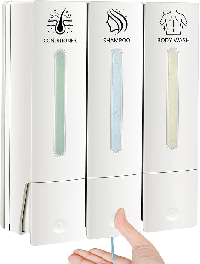 triple wall mount soap dispenser for shower, refillable shampoo conditioner body wash dispenser, bathroom wall mounted liquid pump organizer space saving design (silver)