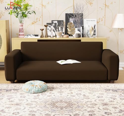 Image of Lukzer 2 Seater Plain Brown Design Universal Sofa Cover | 360 Fully Covered Anti-Slip Washable Couch Cover Protecter | 140 GSM Stretch Fit Polyester + Spandex Slipcover (140-180cm /SC-031-02)
