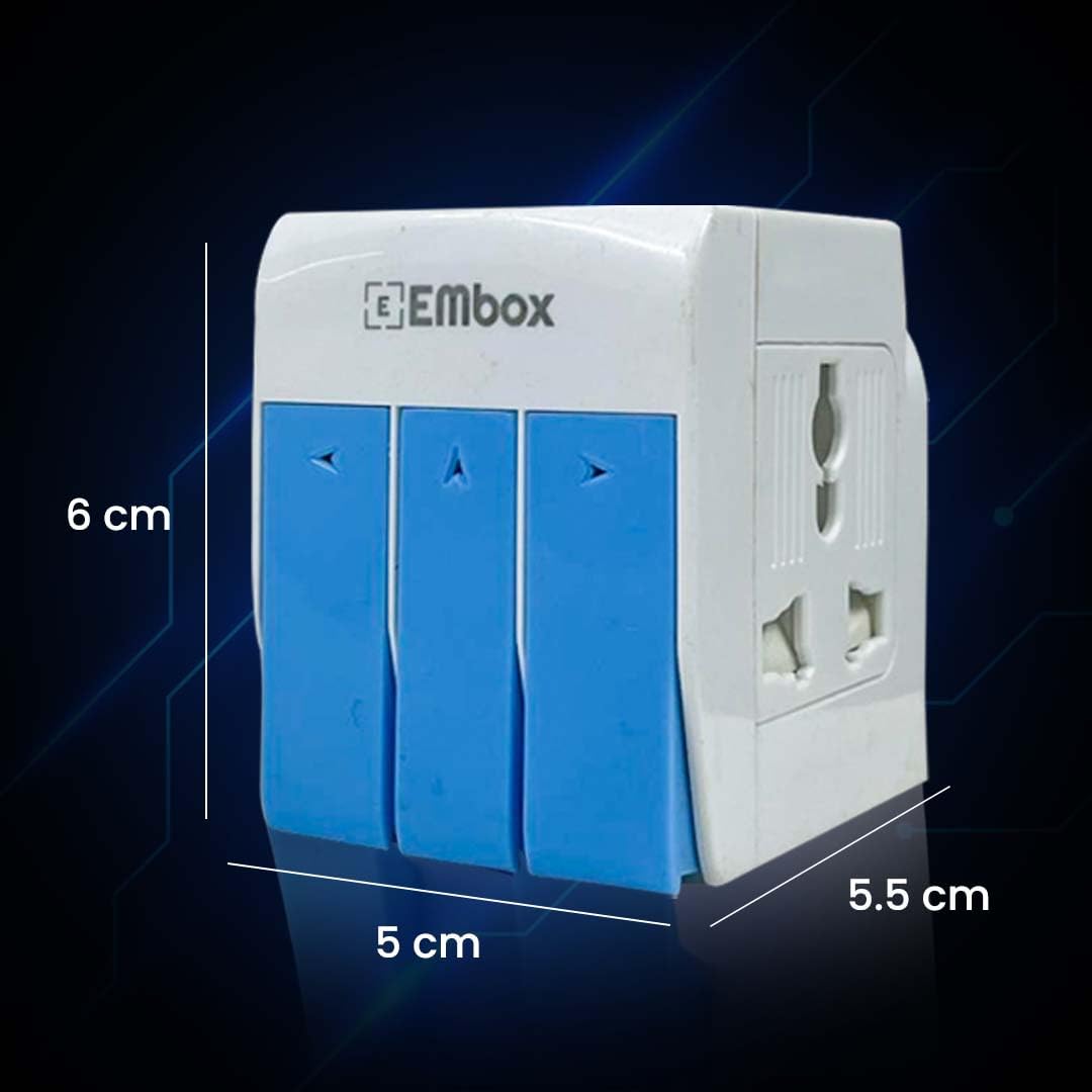 EMBOX 3 Pin Multi Outlet - Universal Travel Adapter with Single Switch LED Safety Shutter Indicator - 3-Way Plug Extension for Home Office Travel -