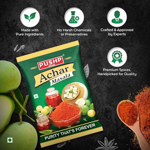 Image of Pushp Brand Achar Masala | 200g | Premium Blend of Traditional Spices | Ready-to-Use Pickle Mix | Authentic Homemade Pickle Masala | No Added Preservatives (Pack of 5)