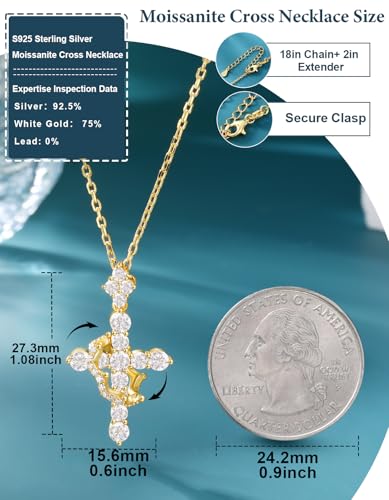 YIMERAIRE Upgraded Moissanite Crown Cross Necklace 14K Gold Vermail 1.1 Carats Dainty Iced Out Christian Faith Cross Jewelry S925 Sterling Silver Simple Gold Moissanite Cross Pendant Necklace For Women 5