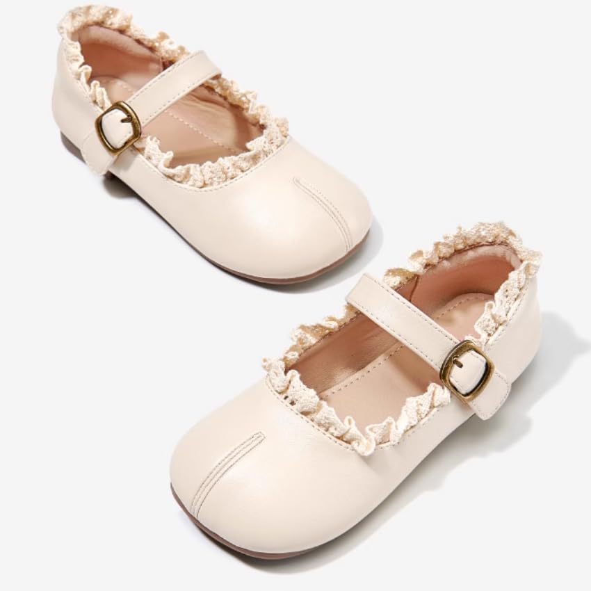 Girls Mary Jane Flats with Lace Trim, Buckle Strap, Cream Color3