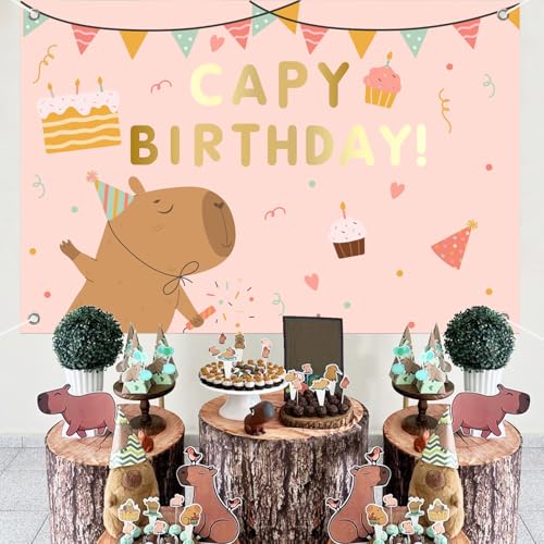 Fondo de cumpleaños Capybara rosa 7x5ft para decoración miniatura 2