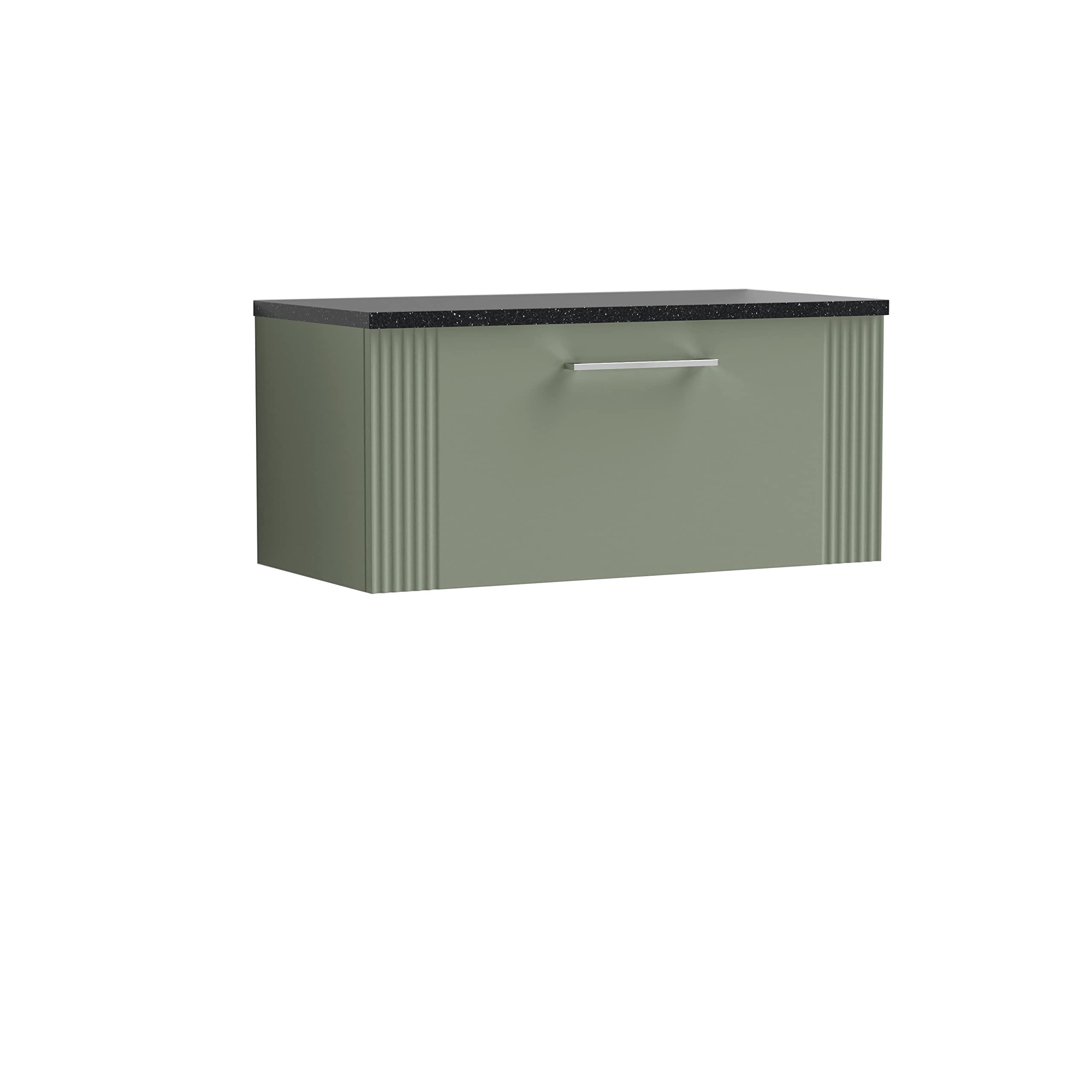 nuie DPF896LSB Deco Modern Bathroom Wall Hung 1 Drawer Part Fluted Vanity Basin Unit with Laminate Black Sparkle Worktop, Satin Green