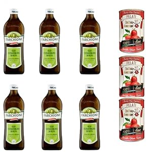 6x Farchioni Classico extra inheemse olijfolie 1000 ml olio vergine oliva 1 l + Italiaanse gourmet 100% Italiaanse geschilde tomatenblikjes 3x 400 g