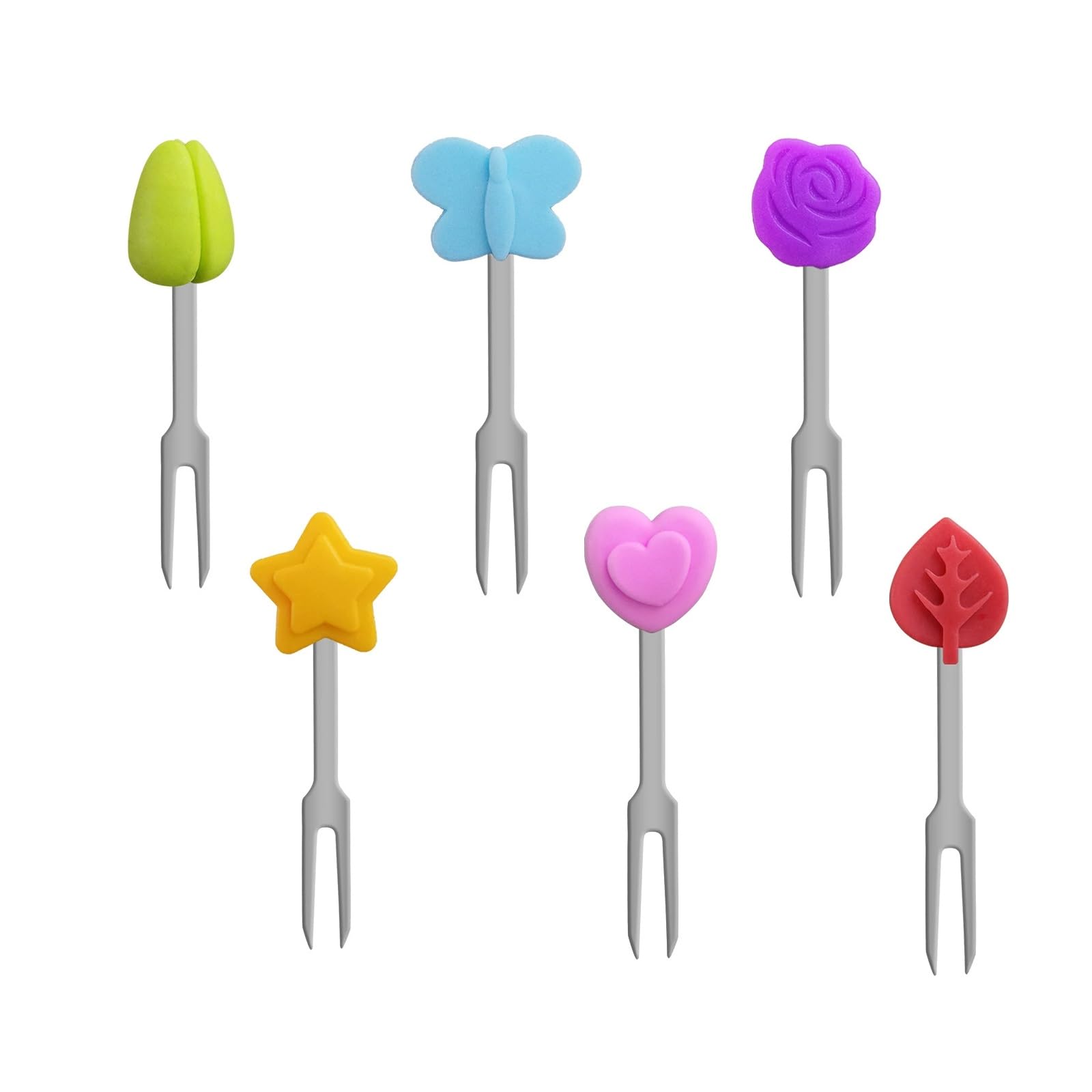 Kasoud Stainless Steel Fruit Forks, 6PCS Mini Reusable Toothpicks, Stainless Steel and Fruit Shapes Silicone Small Forks for Fruits, Cheese, Appetizers, Easy to Clean, Coloured Toothpicks