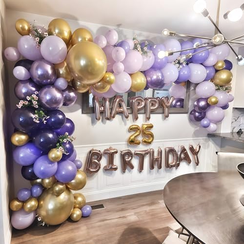 Image of Purple and Gold Balloons, 12 Inch 35PCS Dark Pastel Purple Lavender Balloons with Metallic Gold Confetti Balloon for Girls Women Wedding Baby Shower Butterfly Princess Theme Birthday Party Decorations