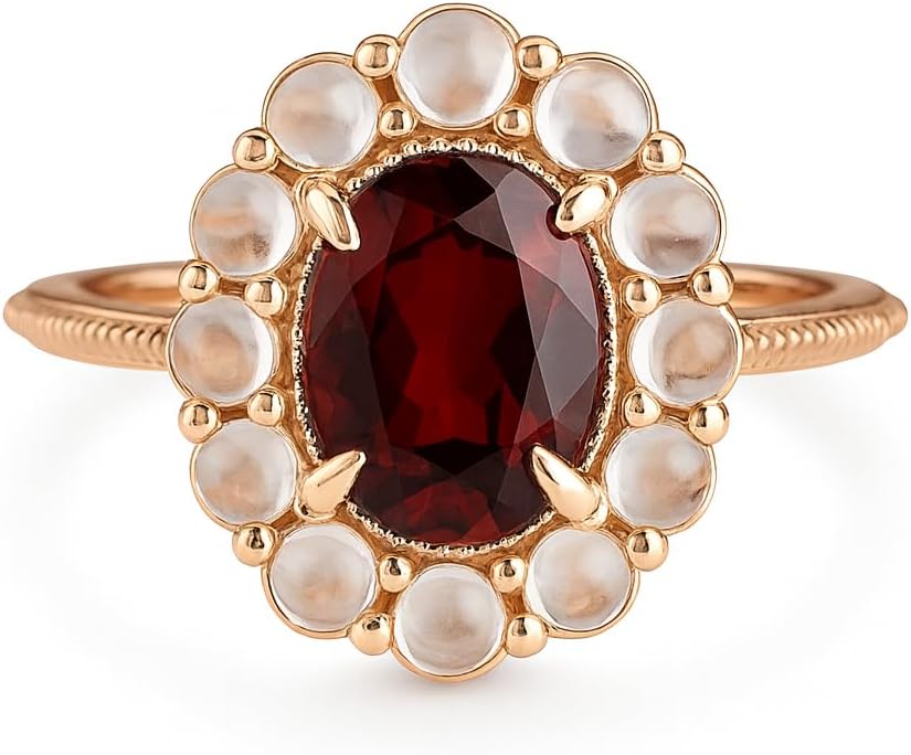 Vintage Red Garnet Oval Engagement Ring for Women – 925 Sterling Silver Rose Gold Plated Halo Ring with Moonstone Accents, January Birthstone Ring, Dainty Promise & Wedding Jewelry Gift
