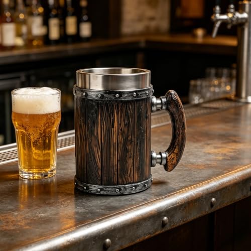 Jarra de cerveza de acero inoxidable premium con diseño de barril clásico medieval 5
