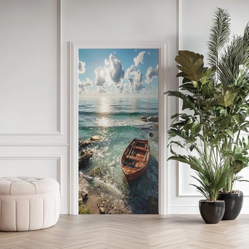 Vue sur la Mer Turquoise Sticker Mural, Bateau en Bois Autocollants De Porte Muraux Décoration Poster Mural 80x200 cm, Océan Nature Stickers de Porte...