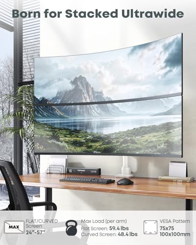 Image of Dual Monitor-Arm Heavy Duty Ultrawide - 24-57 inch Vertical Dual Monitor Mount, Adjustable Stacked Double Monitor Desk Mount Stand, Max Load 59.4 lbs (per Arm), VESA 75 /100 mm, White