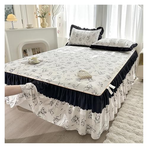 Falda de Cama en Blanco y Negro, tamaño Queen/King, con Estampado de Rosas y Volantes, for sommier.(Color-07,180x200cm 3pc)