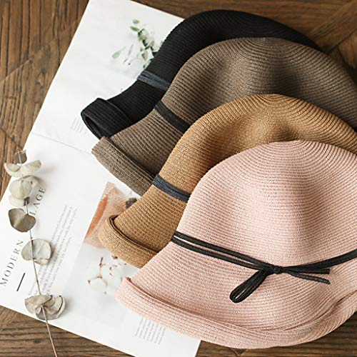 Lehaha Women Hepburn Retro Sun Hat Contrast Color Bowknot Roll Brim Foldable Bucket Cap #TOP3