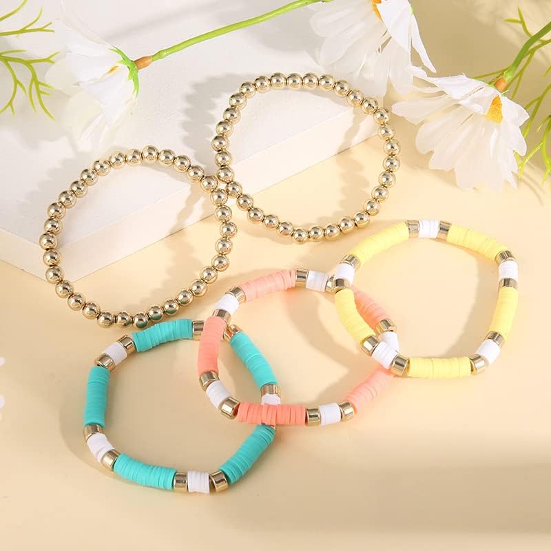 Miniatura 3 de Surfer Heishi - Juego de pulseras elásticas con cuentas coloridas de sonrisa preppy contra el mal de ojo, pulseras elásticas apilables de arcilla