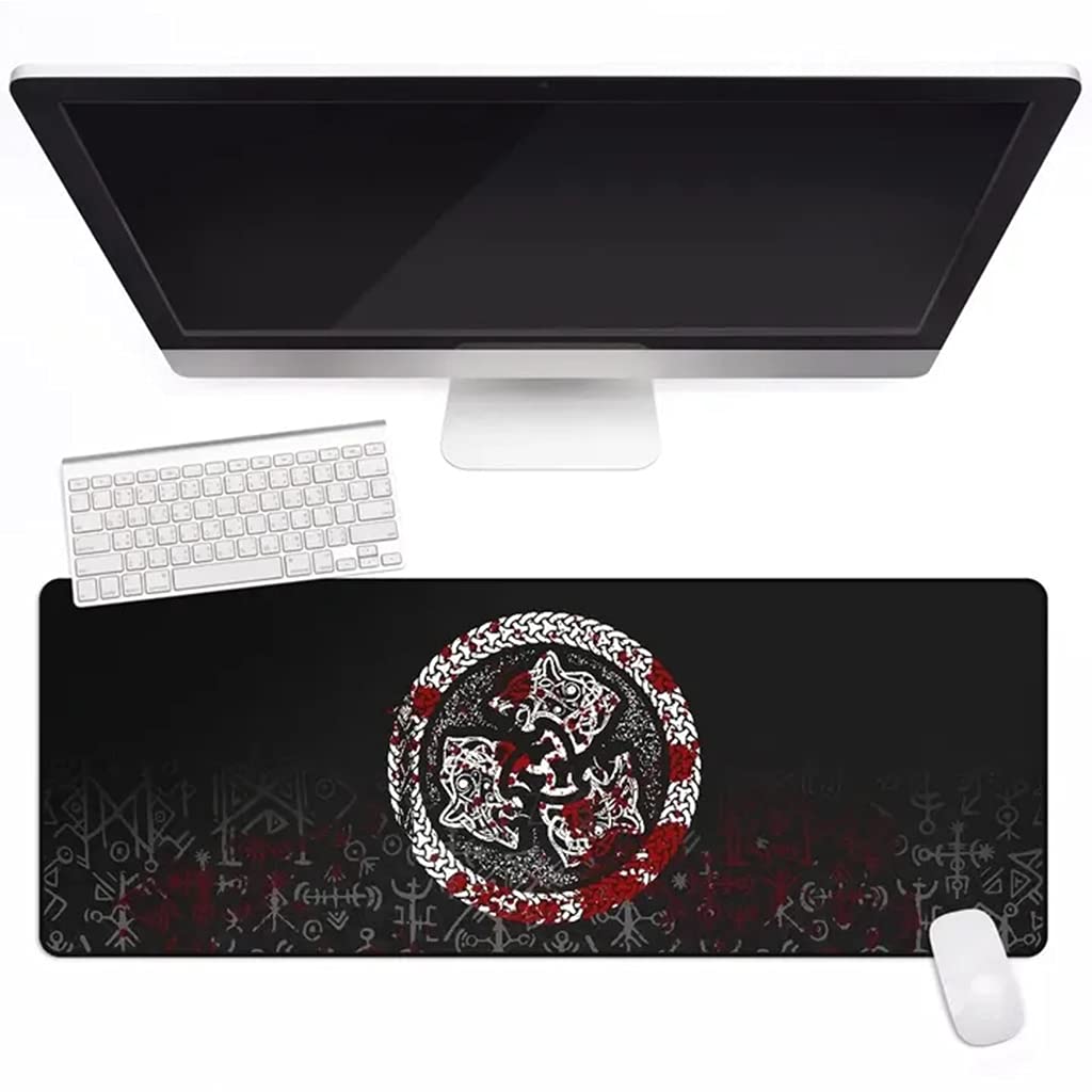 Tapis de Souris Viking Loup 60x30cm avec Base Antidérapante et Bords Cousus pour Bureau