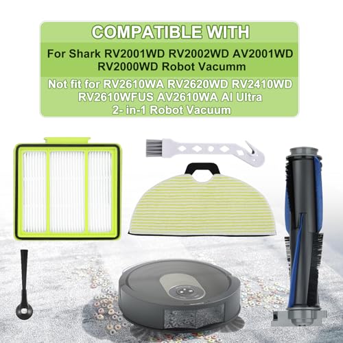 RV2000WD Replacement Parts for Shark RV2002WXUS RV2002WD RV2001DRUS RV2001WD AV2001WD Mop Brush Filter Kit with Shark AI Robot Vacuum Cleaner, 1 Brushroll, 2 Filters, 4 Mop Pads, 6 Side Brushes